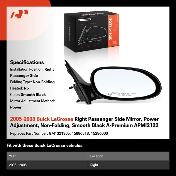 2005-2008 Buick LaCrosse Right Passenger Side Mirror, Power Adjustment, Non-Folding, Smooth Black A-Premium APMI2122