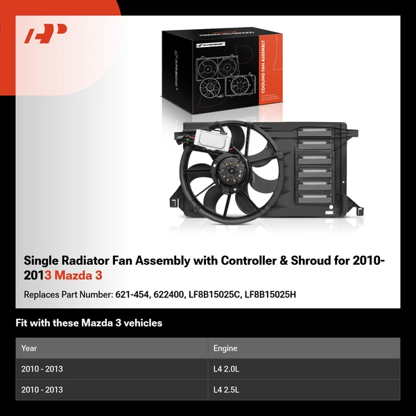 Single Radiator Fan Assembly with Controller & Shroud for 2010-2013 Mazda 3