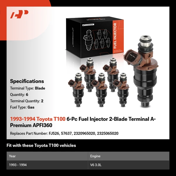 1993-1994 Toyota T100 6-Pc Fuel Injector 2-Blade Terminal A-Premium APFI360