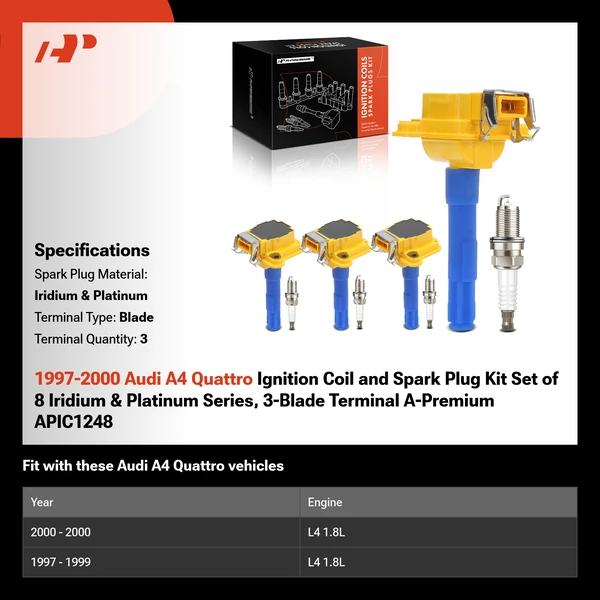 1997-2000 Audi A4 Quattro Ignition Coil and Spark Plug Kit Set of 8 Iridium & Platinum Series, 3-Blade Terminal A-Premium APIC1248