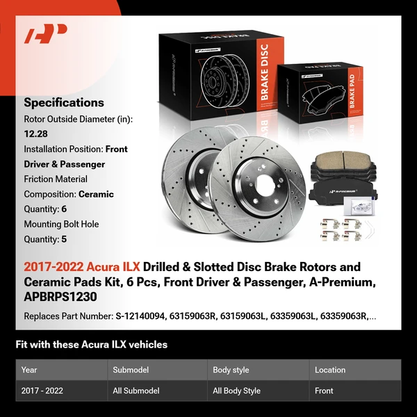 2017-2022 Acura ILX Drilled & Slotted Disc Brake Rotors and Ceramic Pads Kit, 6 Pcs, Front Driver & Passenger, A-Premium, APBRPS1230