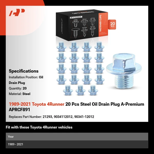 1989-2021 Toyota 4Runner 20 Pcs Steel Oil Drain Plug A-Premium APRCF891