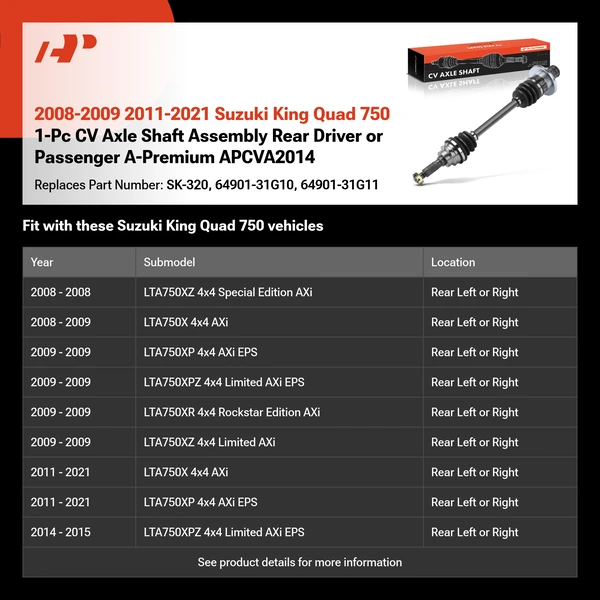 2008-2009 2011-2021 Suzuki King Quad 750 1-Pc CV Axle Shaft Assembly Rear Driver or Passenger A-Premium APCVA2014