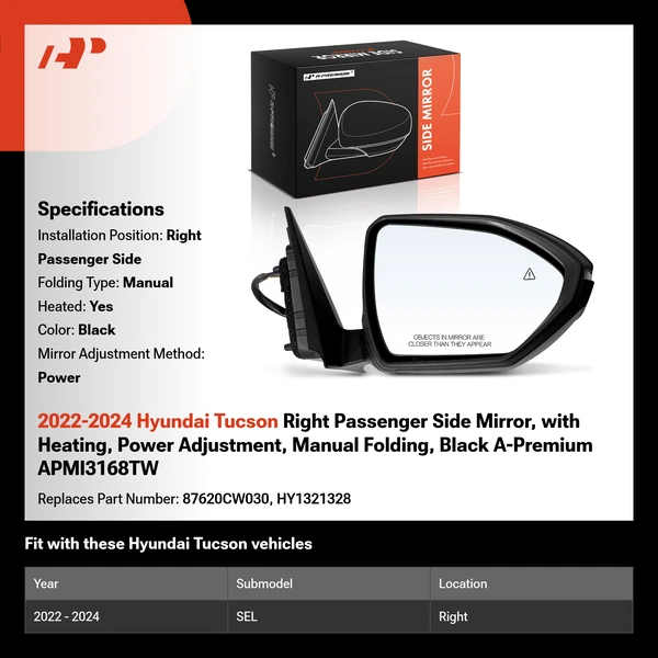 2022-2024 Hyundai Tucson Right Passenger Side Mirror, with Heating, Power Adjustment, Manual Folding, Black A-Premium APMI3168TW