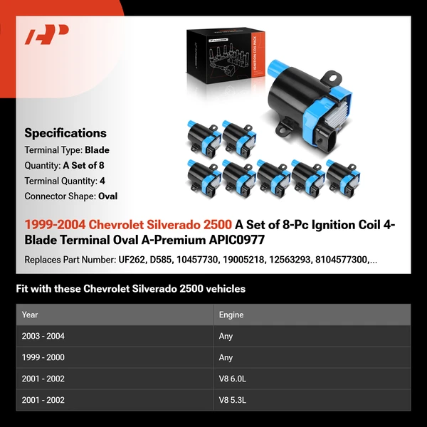 1999-2004 Chevrolet Silverado 2500 A Set of 8-Pc Ignition Coil 4-Blade Terminal Oval A-Premium APIC0977