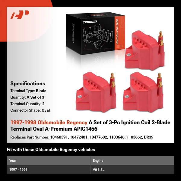 1997-1998 Oldsmobile Regency A Set of 3-Pc Ignition Coil 2-Blade Terminal Oval A-Premium APIC1456