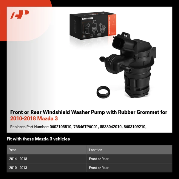 Front or Rear Windshield Washer Pump with Rubber Grommet for 2010-2018 Mazda 3