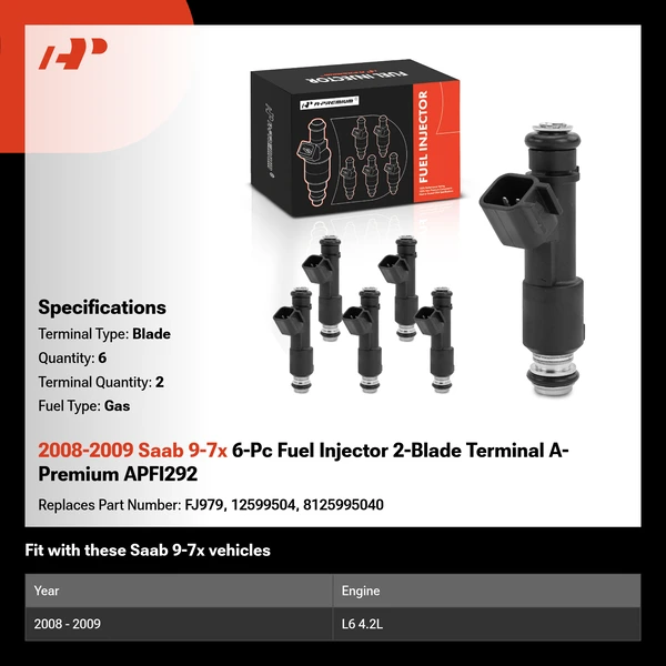2008-2009 Saab 9-7x 6-Pc Fuel Injector 2-Blade Terminal A-Premium APFI292