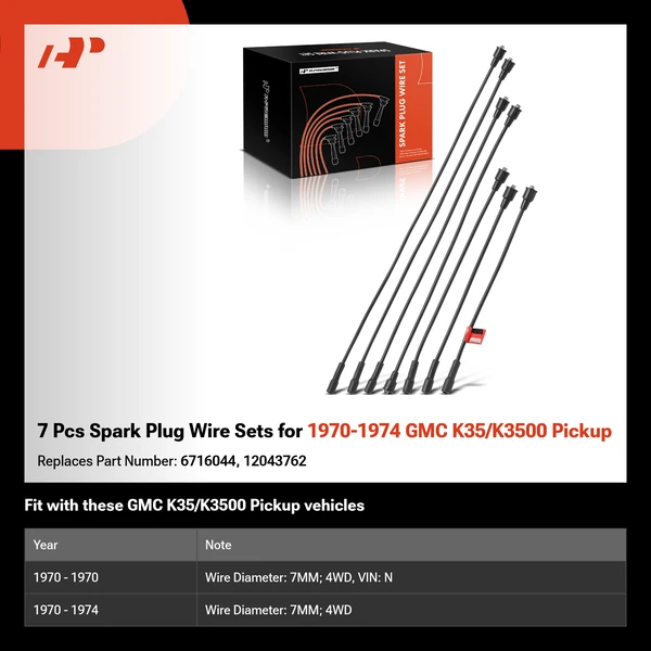 7 Pcs Spark Plug Wire Sets for 1970-1974 GMC K35/K3500 Pickup