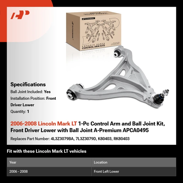 2006-2008 Lincoln Mark LT 1-Pc Control Arm and Ball Joint Kit, Front Driver Lower with Ball Joint A-Premium APCA0495