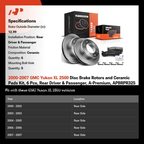 2000-2007 GMC Yukon XL 2500 Disc Brake Rotors and Ceramic Pads Kit, 6 Pcs, Rear Driver & Passenger, A-Premium, APBRPR325