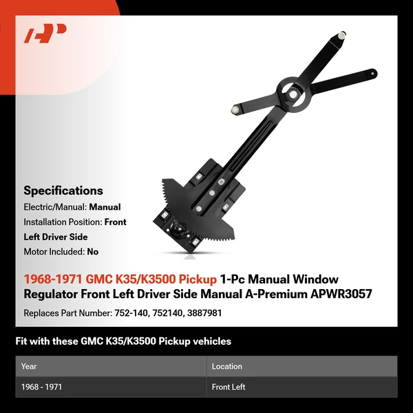 1968-1971 GMC K35/K3500 Pickup 1-Pc Manual Window Regulator Front Left Driver Side Manual A-Premium APWR3057