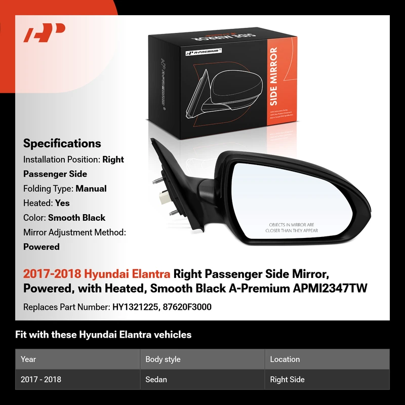 2017-2018 Hyundai Elantra Right Passenger Side Mirror, Powered, with Heated, Smooth Black A-Premium APMI2347TW