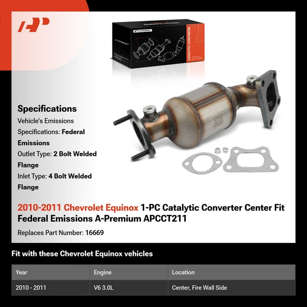 2010-2011 Chevrolet Equinox 1-PC Catalytic Converter Center Fit Federal Emissions A-Premium APCCT211