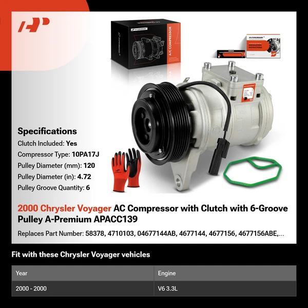 2000 Chrysler Voyager AC Compressor with Clutch with 6-Groove Pulley A-Premium APACC139
