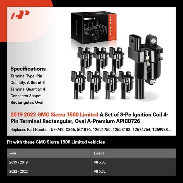 2019 2022 GMC Sierra 1500 Limited A Set of 8-Pc Ignition Coil 4-Pin Terminal Rectangular, Oval A-Premium APIC0726
