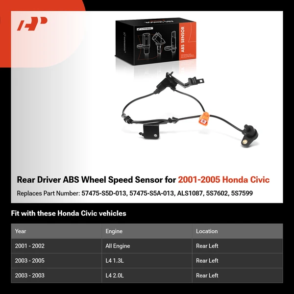 Rear Driver ABS Wheel Speed Sensor for 2001-2005 Honda Civic