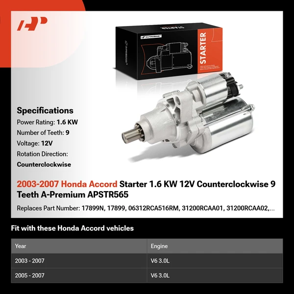 2003-2007 Honda Accord Starter 1.6 KW 12V Counterclockwise 9 Teeth A-Premium APSTR565