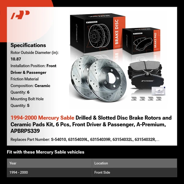1994-2000 Mercury Sable Drilled & Slotted Disc Brake Rotors and Ceramic Pads Kit, 6 Pcs, Front Driver & Passenger, A-Premium, APBRPS339