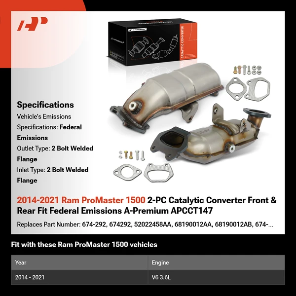 2014-2021 Ram ProMaster 1500 2-PC Catalytic Converter Front & Rear Fit Federal Emissions A-Premium APCCT147
