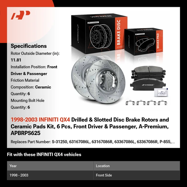 1998-2003 INFINITI QX4 Drilled & Slotted Disc Brake Rotors and Ceramic Pads Kit, 6 Pcs, Front Driver & Passenger, A-Premium, APBRPS625