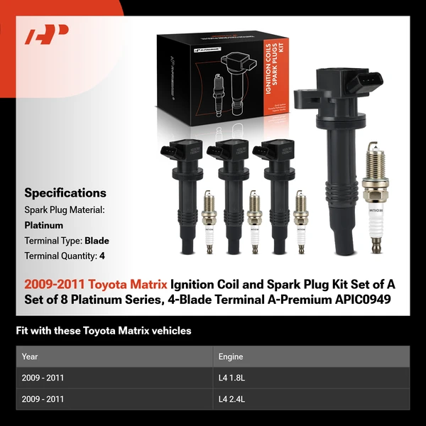 2009-2011 Toyota Matrix Ignition Coil and Spark Plug Kit Set of A Set of 8 Platinum Series, 4-Blade Terminal A-Premium APIC0949