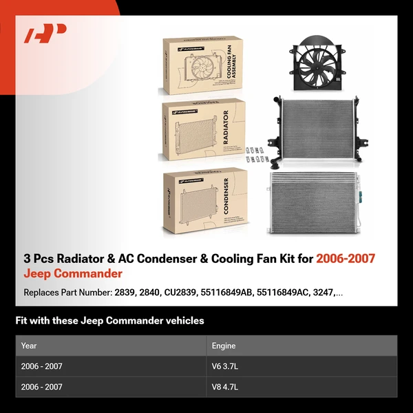 3 Pcs Radiator & AC Condenser & Cooling Fan Kit for 2006-2007 Jeep Commander