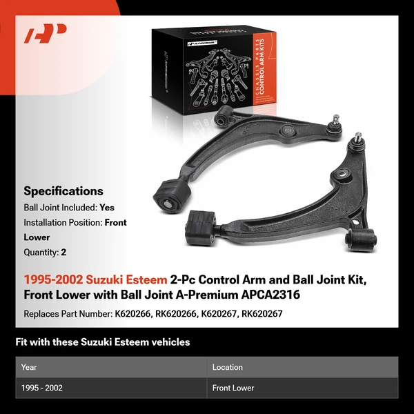 1995-2002 Suzuki Esteem 2-Pc Control Arm and Ball Joint Kit, Front Lower with Ball Joint A-Premium APCA2316