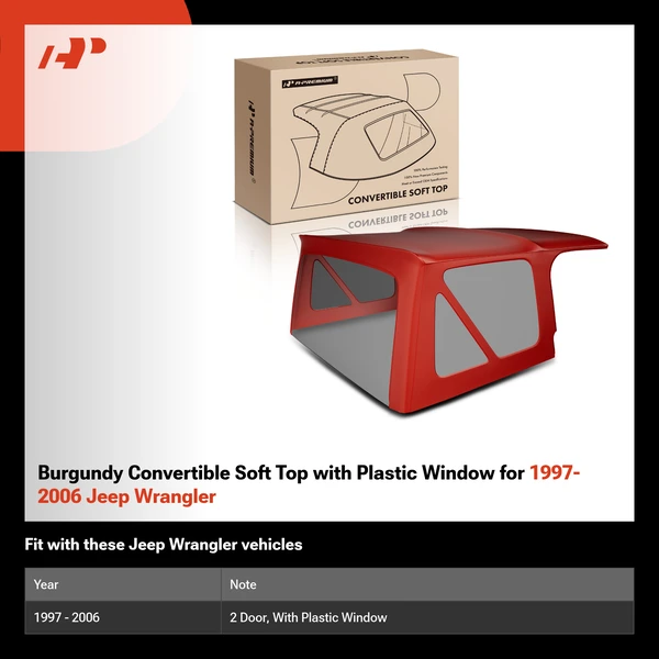Burgundy Convertible Soft Top with Plastic Window for 1997-2006 Jeep Wrangler