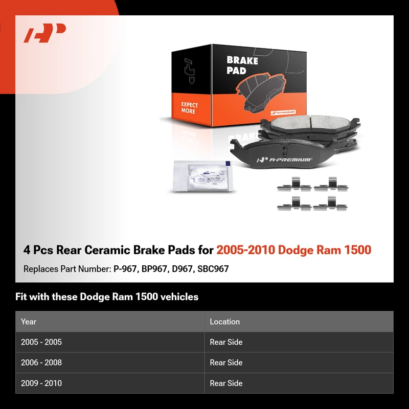 4 Pcs Rear Ceramic Brake Pads for 2005-2010 Dodge Ram 1500