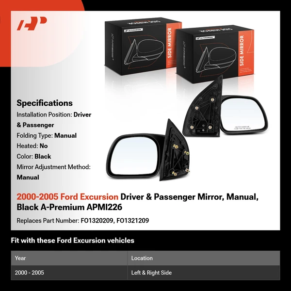 2000-2005 Ford Excursion Driver & Passenger Mirror, Manual, Black A-Premium APMI226