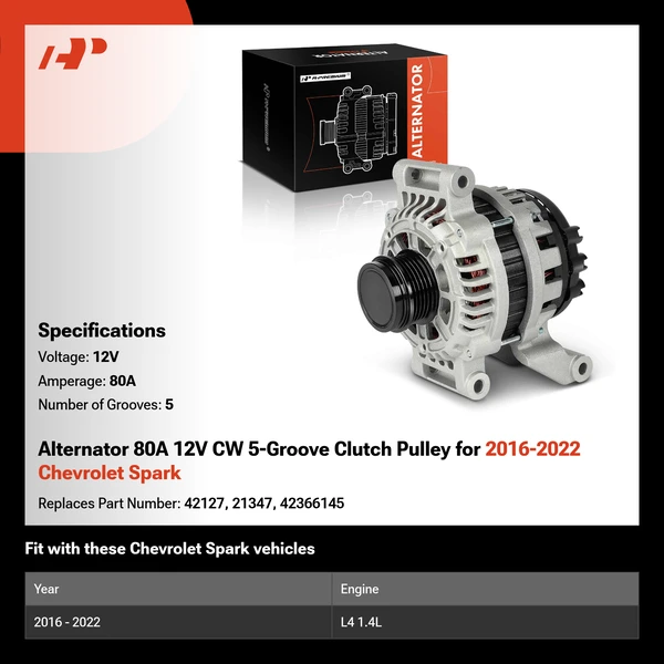 Alternator 80A 12V CW 5-Groove Clutch Pulley for 2016-2022 Chevrolet Spark