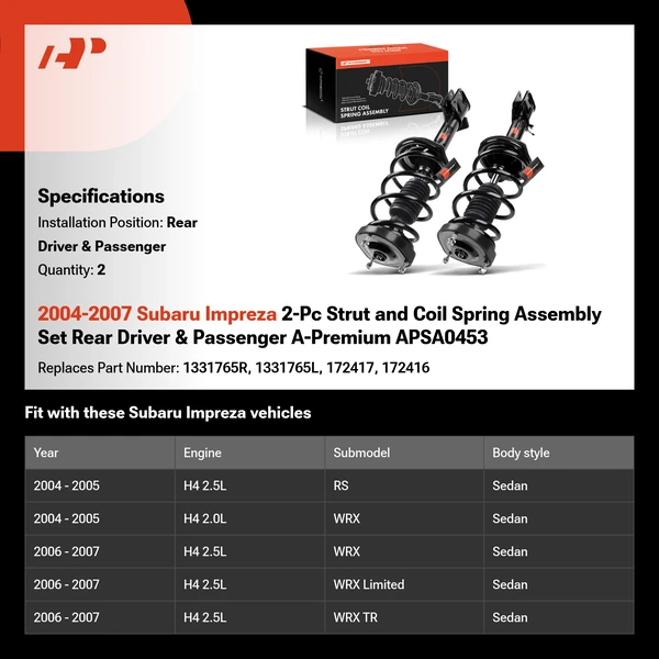 2004-2007 Subaru Impreza 2-Pc Strut and Coil Spring Assembly Set Rear Driver & Passenger A-Premium APSA0453