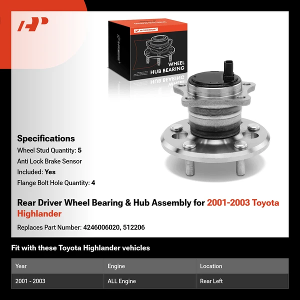 Rear Driver Wheel Bearing & Hub Assembly for 2001-2003 Toyota Highlander