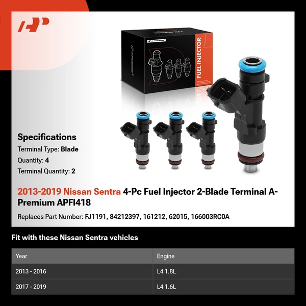 2013-2019 Nissan Sentra 4-Pc Fuel Injector 2-Blade Terminal A-Premium APFI418