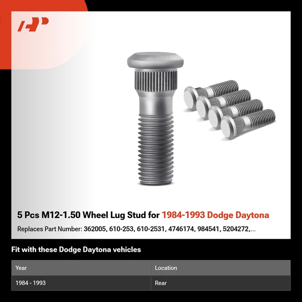 5 Pcs M12-1.50 Wheel Lug Stud for 1984-1993 Dodge Daytona