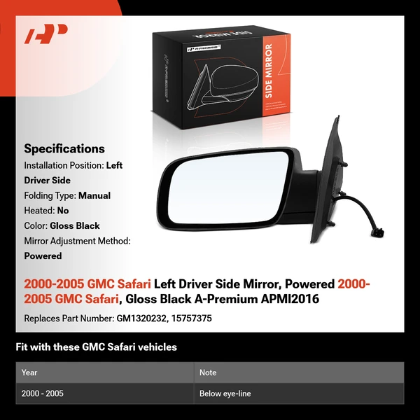 2000-2005 GMC Safari Left Driver Side Mirror, Powered 2000-2005 GMC Safari, Gloss Black A-Premium APMI2016