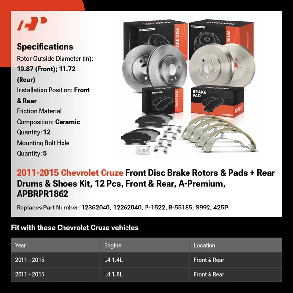 2011-2015 Chevrolet Cruze Front Disc Brake Rotors & Pads + Rear Drums & Shoes Kit, 12 Pcs, Front & Rear, A-Premium, APBRPR1862