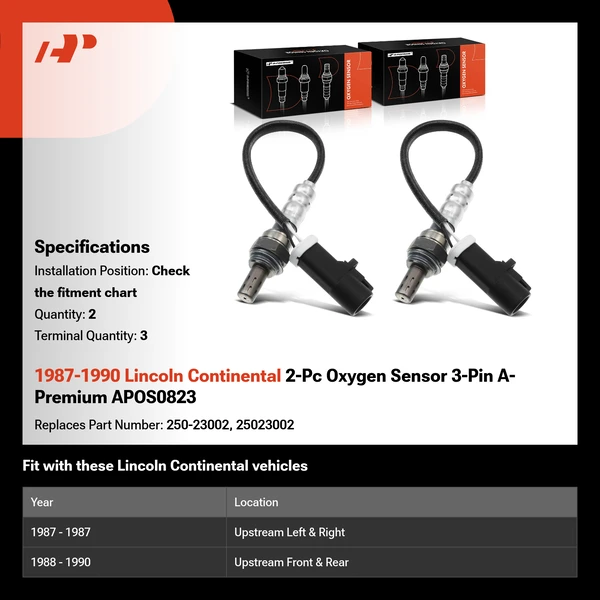 1987-1990 Lincoln Continental 2-Pc Oxygen Sensor 3-Pin A-Premium APOS0823