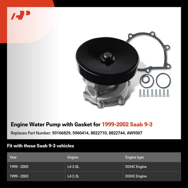 Engine Water Pump with Gasket for 1999-2002 Saab 9-3