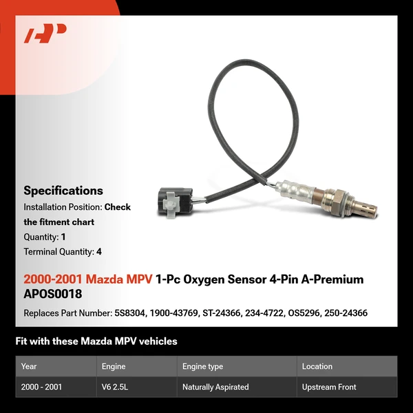 2000-2001 Mazda MPV 1-Pc Oxygen Sensor 4-Pin A-Premium APOS0018