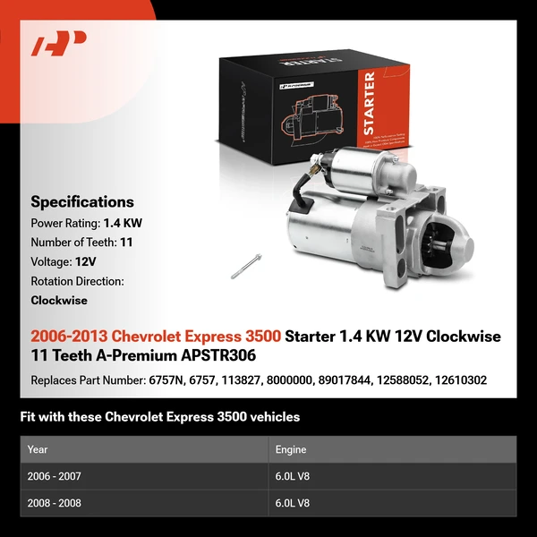 2006-2013 Chevrolet Express 3500 Starter 1.4 KW 12V Clockwise 11 Teeth A-Premium APSTR306