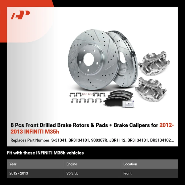8 Pcs Front Drilled Brake Rotors & Pads + Brake Calipers for 2012-2013 INFINITI M35h