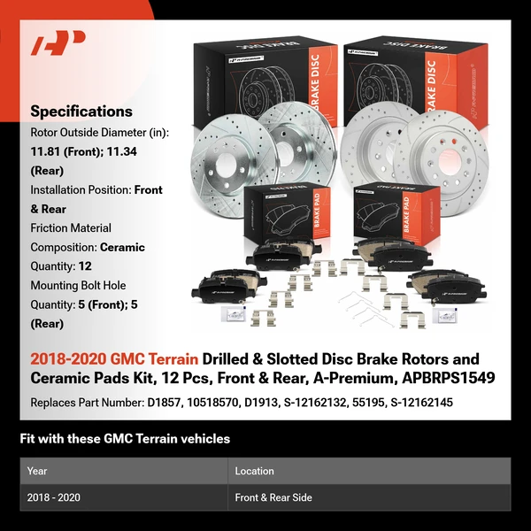2018-2020 GMC Terrain Drilled & Slotted Disc Brake Rotors and Ceramic Pads Kit, 12 Pcs, Front & Rear, A-Premium, APBRPS1549