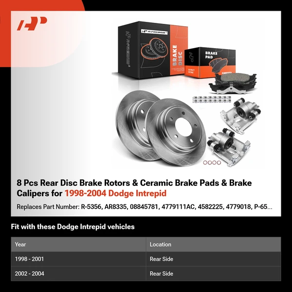 8 Pcs Rear Disc Brake Rotors & Ceramic Brake Pads & Brake Calipers for 1998-2004 Dodge Intrepid