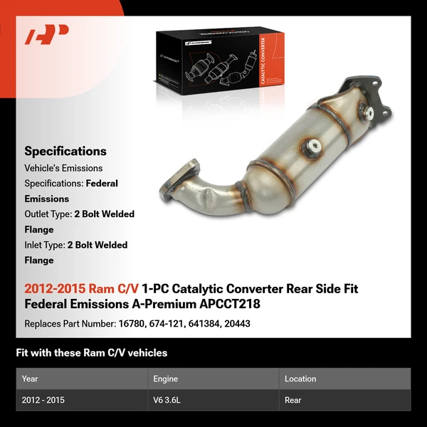 2012-2015 Ram C/V 1-PC Catalytic Converter Rear Side Fit Federal Emissions A-Premium APCCT218