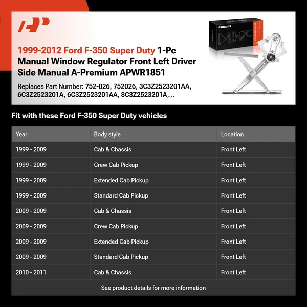 1999-2012 Ford F-350 Super Duty 1-Pc Manual Window Regulator Front Left Driver Side Manual A-Premium APWR1851