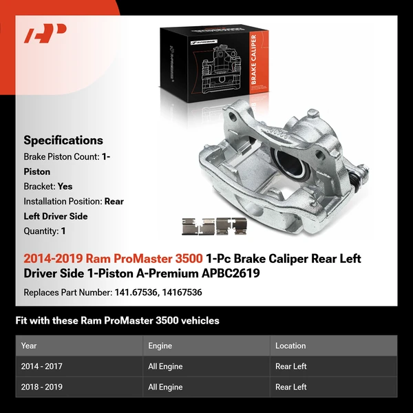 2014-2019 Ram ProMaster 3500 1-Pc Brake Caliper Rear Left Driver Side 1-Piston A-Premium APBC2619