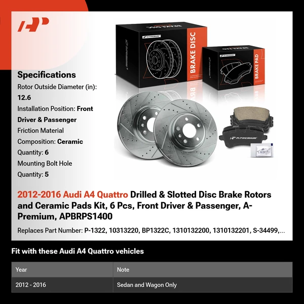 2012-2016 Audi A4 Quattro Drilled & Slotted Disc Brake Rotors and Ceramic Pads Kit, 6 Pcs, Front Driver & Passenger, A-Premium, APBRPS1400