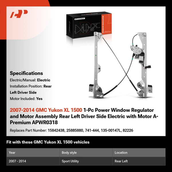 2007-2014 GMC Yukon XL 1500 1-Pc Power Window Regulator and Motor Assembly Rear Left Driver Side Electric with Motor A-Premium APWR0318